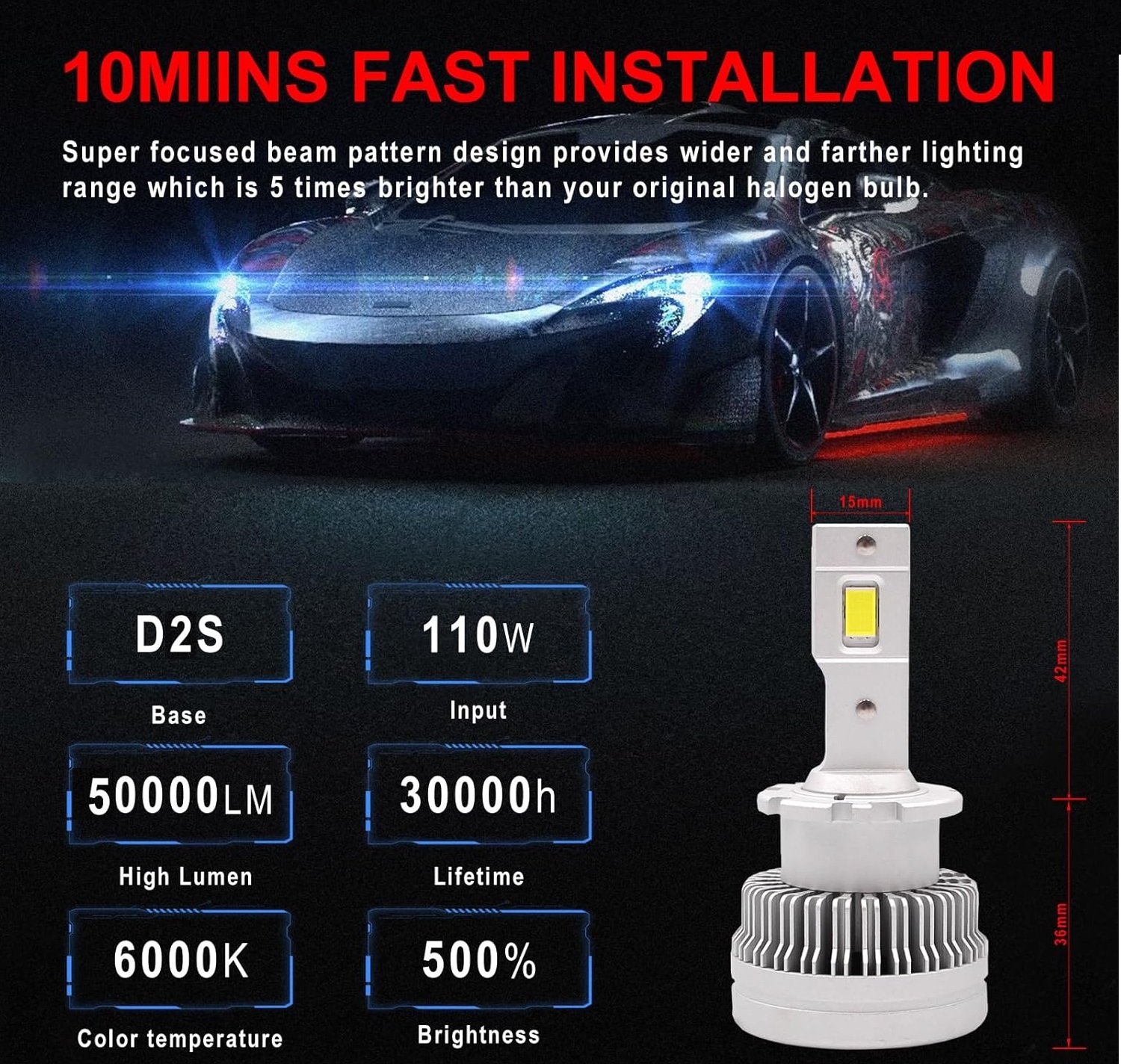 2 x LED D2S Xenon 12-24V 50000lm Canbus Luces Bombillas Luz Lampara de Automóviles Camiones Coche 6000K 
