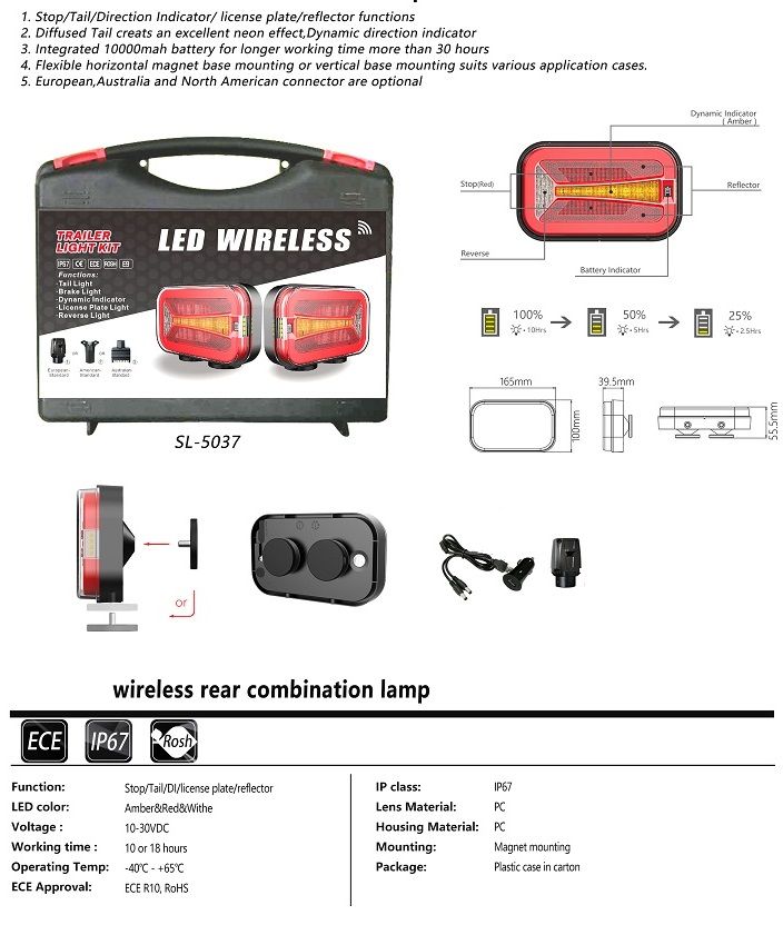 2 x LED Kabellos Dynamic Heckleuchten Rückleuchten Magnet LKW PKW Anhäner 12v 24v E9