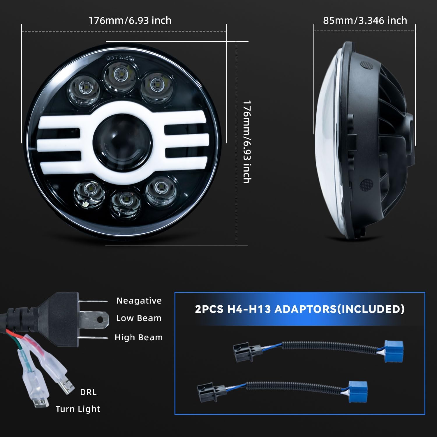 2 x LED Runda Strålkastare 178mm/7inch 50W Hi/Low/DRL/Indicator Halo Lampa 12V 24V