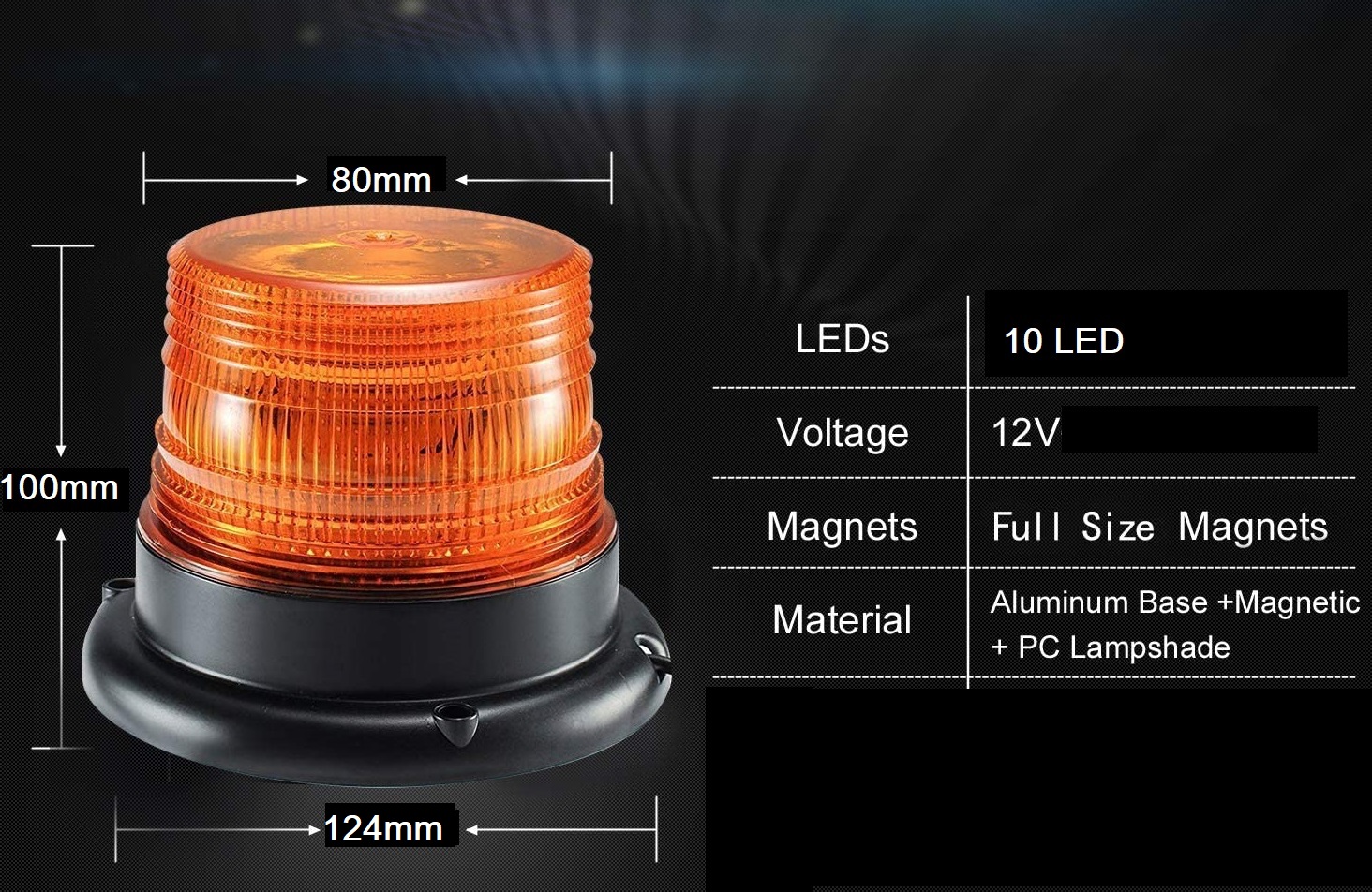 10 Led Warning Light Beacon Flashing Strobe Amber Magnetic 124mm 12V 
