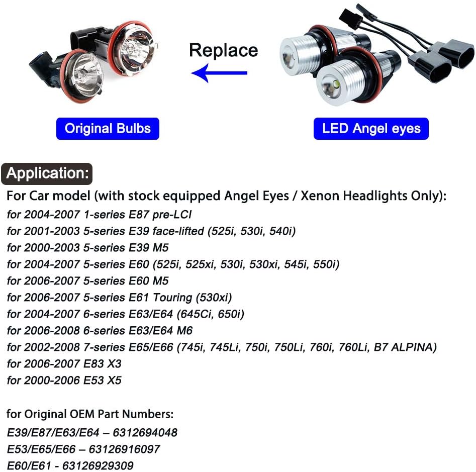 2 x  LED Angel Eyes marker 5W White for BMW E39 E53 E60 E61 E63 E64 E65 E66 E83 E87