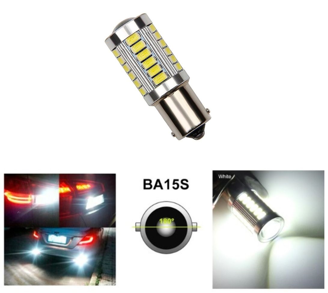 LED 33 SMD BA15S P21W 1156 Canbus Feux Ampoules Voiture Feu Ariere Blanc 12V 24V avec Lentille