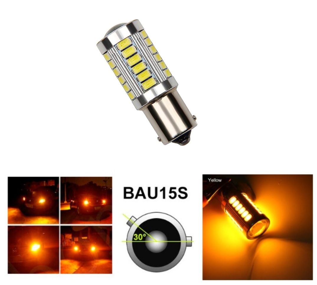 LED 33 SMD BAU15S PY21W 1156 Canbus Feux Ampoules Voiture Feu Ariere Jaune 12V 24V avec Lentille