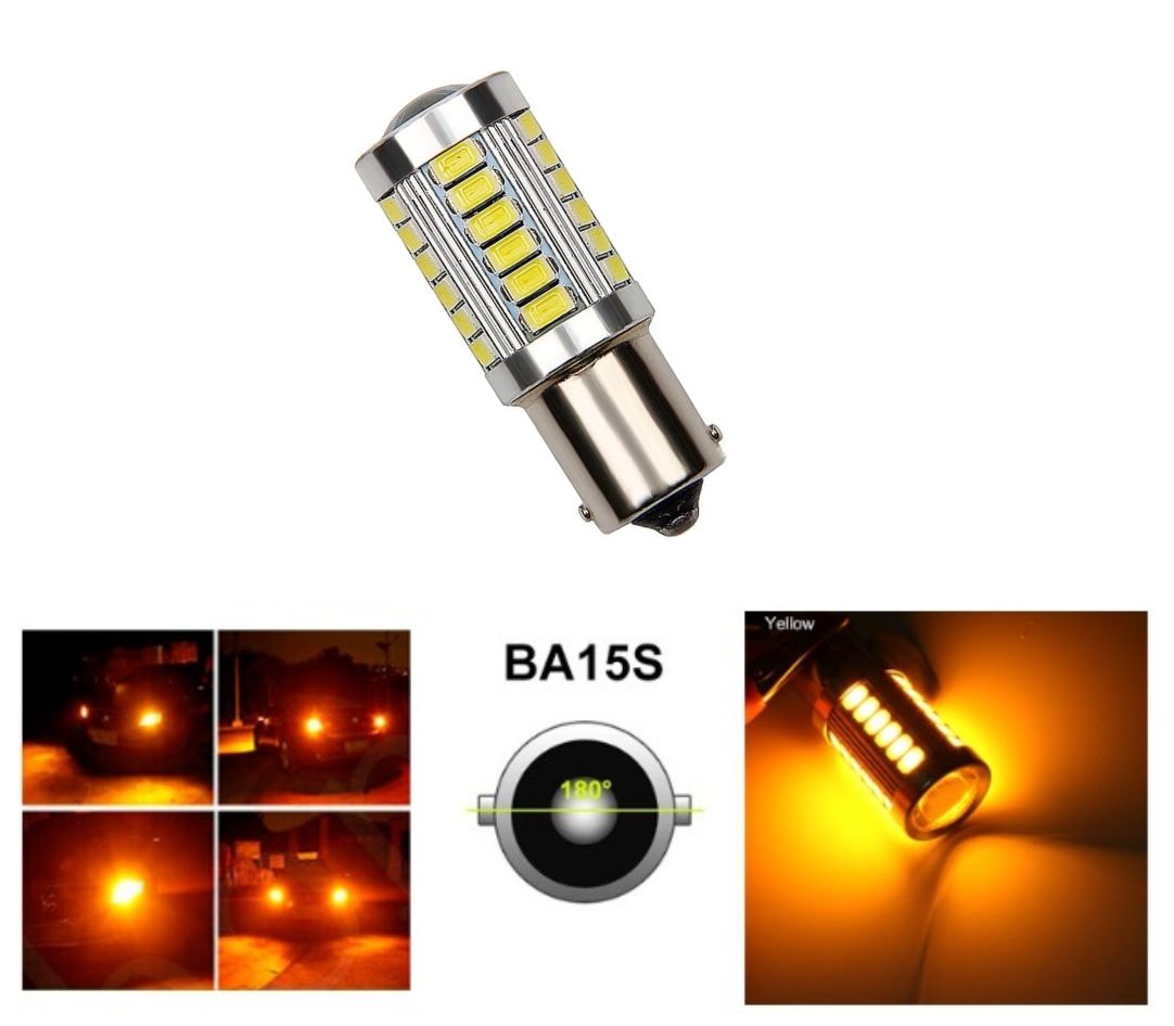 LED 33 SMD BA15S P21W 1156 Canbus Lampa Becuri Lumini Galben 12V 24V cu Lentila