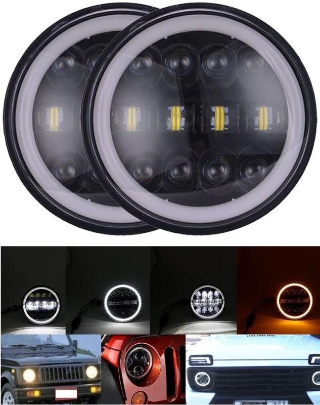 2 x LED Round Head Light 178mm/7inch 40W Hi/Low/DRL/Indicator Halo Lights Lamp Fog Offroad Moto 12v 24v