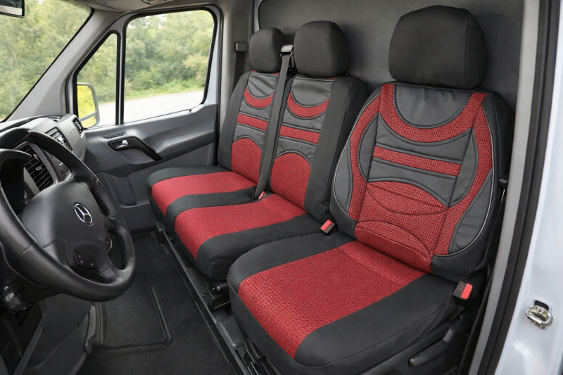 2+1 Universal Sitzbezüge mit Lordosenstützefür Kleinbus Lieferwagen Van Schwarz Rot Leder Textil