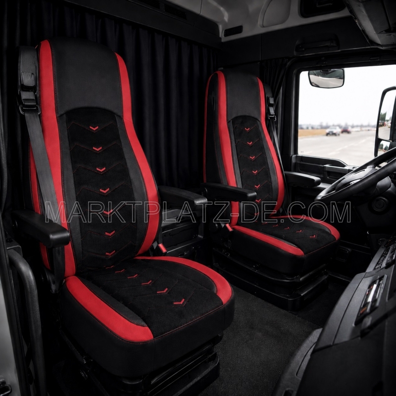 2x Sitzbezüge für DAF XF 106 2015-2021 LKW Schwarz Rot Leder Alcantara