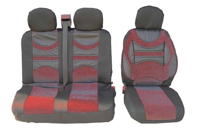 2+1 Universal Bilklädsel med Ländryggsstöd för Skåpbil Van Buss Svart Röd Läder Textil