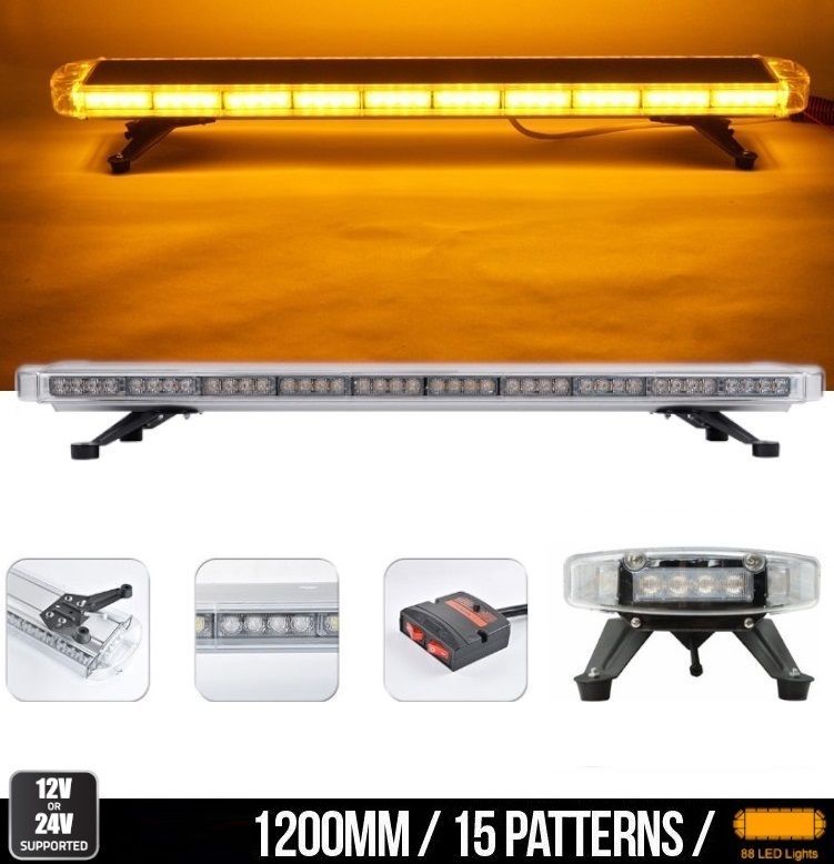 88 LED 120cm BAR Beacon Flash Warning Safety Light Strobe Amber Orange 12V 24V 88W 15 Flashing Modes