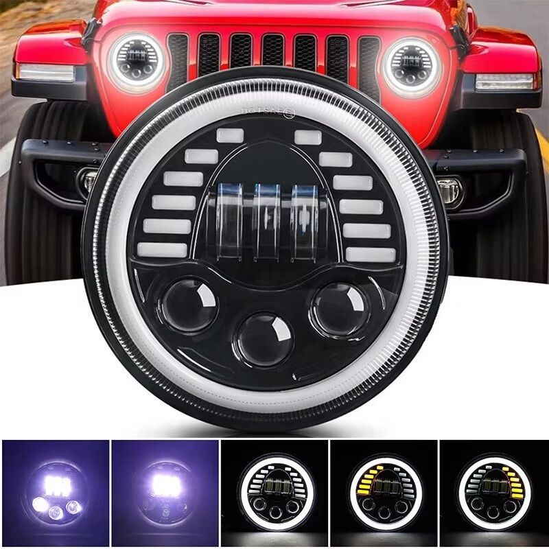 LED Rund Frontlys 178mm/7inch 75W Hi/Low/DRL/Blinklys Halo Moto 4x4 AWD 4WD 12V 24V