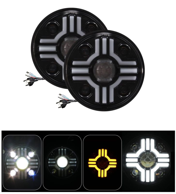 2 x LED Round Head Light 178mm/7inch 50W Hi/Low/DRL/Indicator Halo Lights Lamp Cars Moto 12v 24v