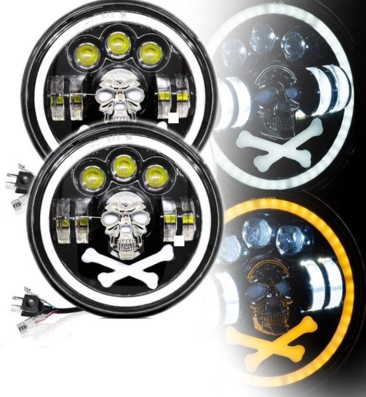 2 x LED Round Head Light 178mm/7inch 50W Hi/Low/DRL/Indicator Halo Lights Lamp Skull 12v 24v