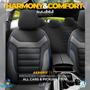 Sitzbezüge Komplettset für Autos Premium Öko-Leder und Textil mit blauen Ziernähten Lux Otom Schwarz INDIVIDUAL Design