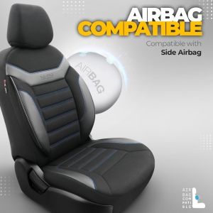 Sitzbezüge Komplettset für Autos Premium Öko-Leder und Textil mit blauen Ziernähten Lux Otom Schwarz INDIVIDUAL Design