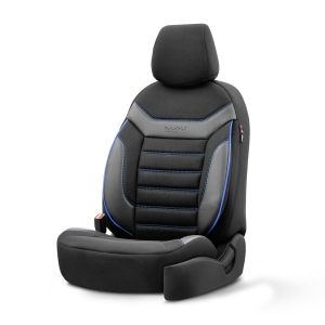 Sitzbezüge Komplettset für Autos Premium Öko-Leder und Textil mit blauen Ziernähten Lux Otom Schwarz INDIVIDUAL Design