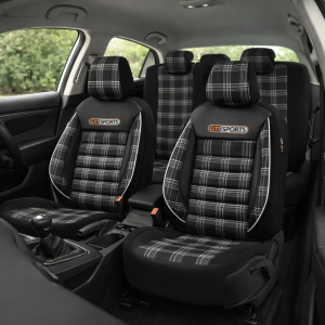 Sitzbezüge Komplettset für Autos Premium Öko-Leder und Textil Lux Otom Schwarz GTI SPORTS Design Weiß Schwary Grau