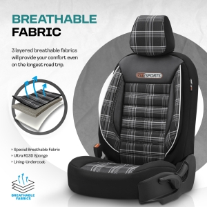 Sitzbezüge Komplettset für Autos Premium Öko-Leder und Textil Lux Otom Schwarz GTI SPORTS Design Weiß Schwary Grau