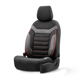 Sätesöverdrag komplett set för bilar Premium Eko-läder och Textil med Röd Sömmar Lux Otom Svart INDIVIDUAL Design